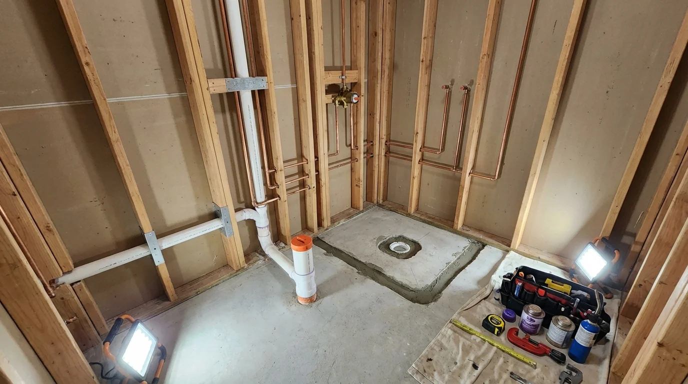 Bathroom rough-in plumbing during remodel by Johns Plumbing LLC in Friona