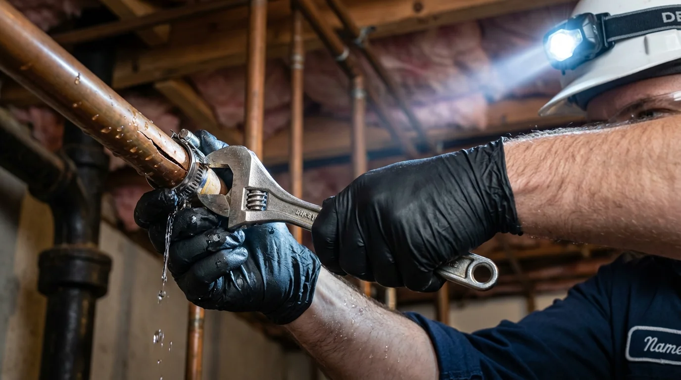 Emergency pipe clamp repair being performed by a Johns Plumbing LLC plumber in Friona