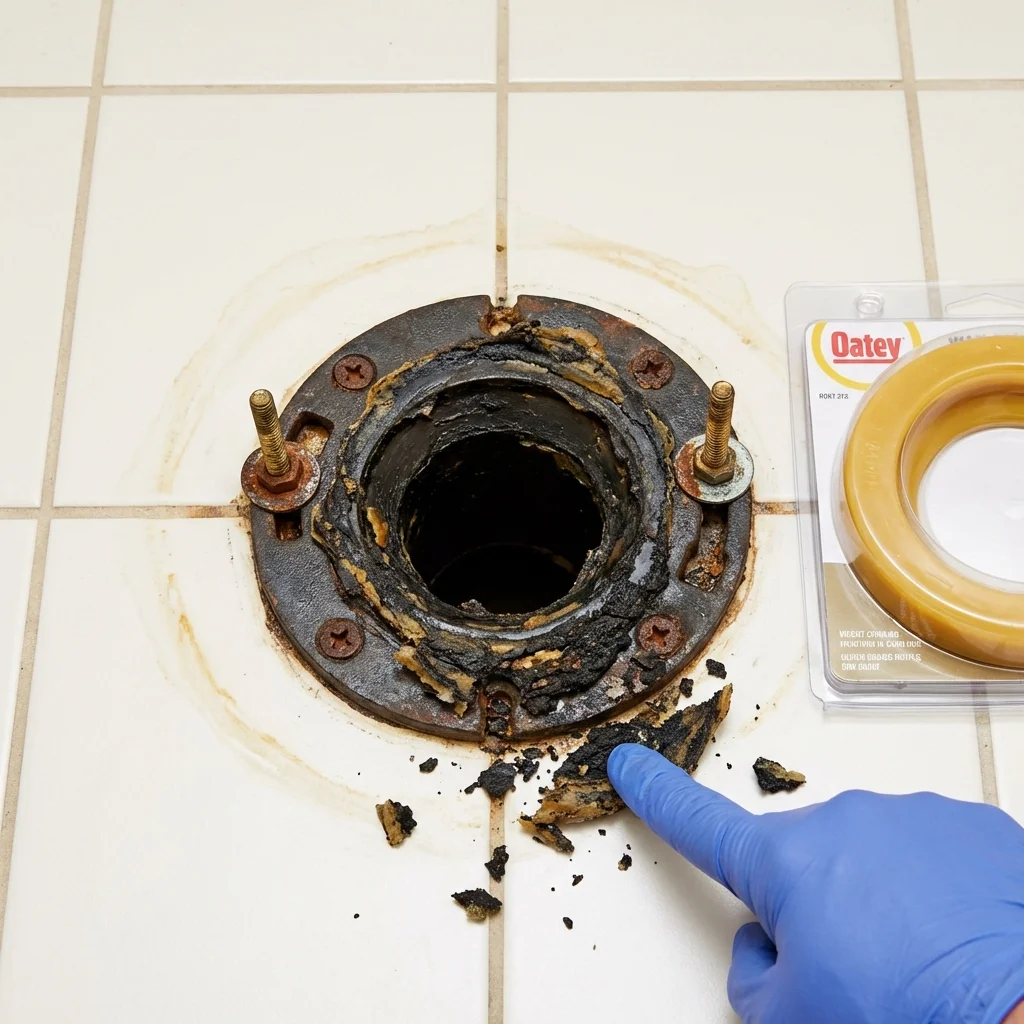 Failed wax ring showing water seepage at the base of a toilet in a Friona, TX home