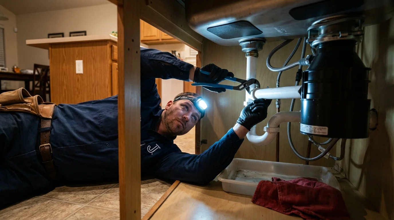 P-trap and supply line connections under a kitchen sink showing a common leak point in Friona, TX